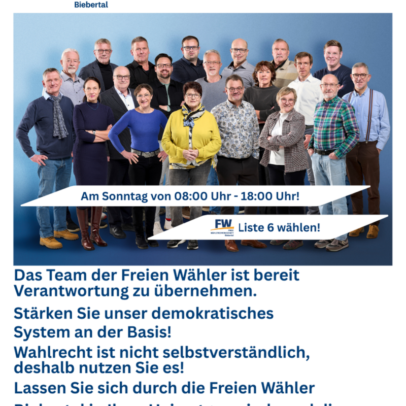 Kommunalwahl am kommenden Sonntag, 15.03. 2026 von 08:00 Uhr bis 18:00 Uhr!