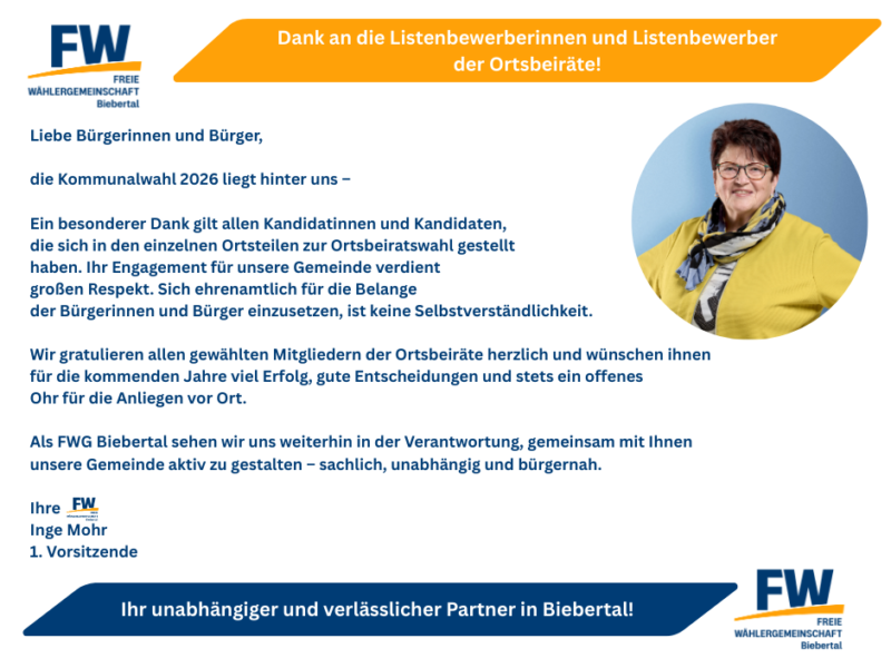 Dank an die Listenbewerberinnen und Listenbewerber der Ortsbeiräte